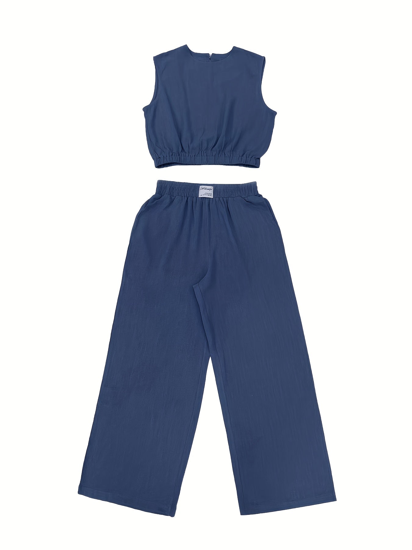 Women's Solid Color Loose Sleeveless Round Neck Wide Leg Pants Set 2pcs, Spring/Summer Casual Vibrant Cow Color Elastic Waist Straight Pants Set, Summer Comfortable Non-Formal Clothing Set