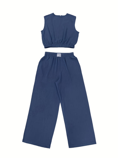 Women's Solid Color Loose Sleeveless Round Neck Wide Leg Pants Set 2pcs, Spring/Summer Casual Vibrant Cow Color Elastic Waist Straight Pants Set, Summer Comfortable Non-Formal Clothing Set