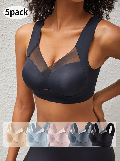 5pcs New Seamless Wireless Full Coverage Women'S Bras, Mature Solid Color, High Support, Comfortable And Breathable Back, Fabric with Mesh Details, Non Removable Pads - Perfect for Spring Festival And Mother'S Day!