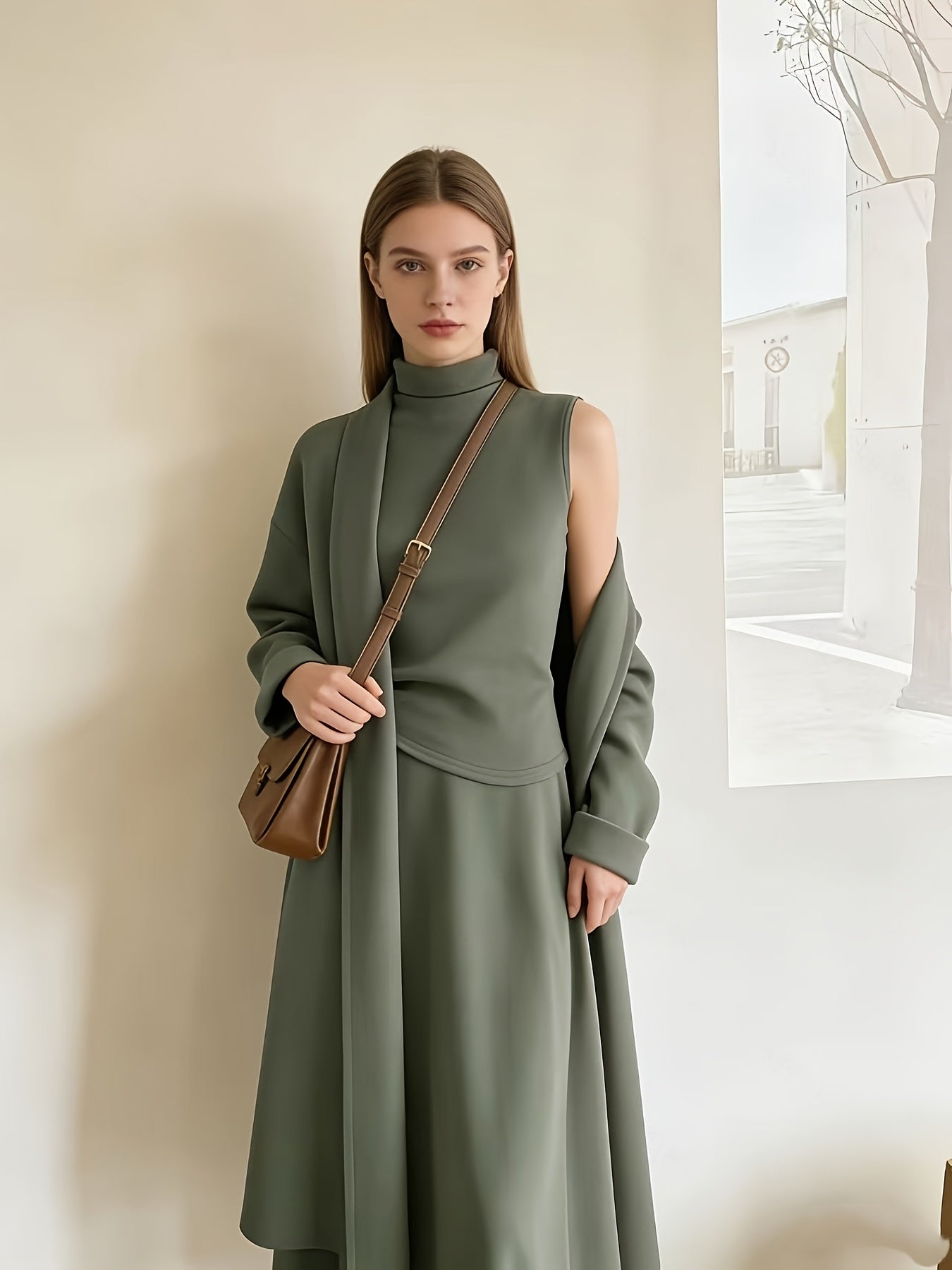 Morandi Green Three-Piece Set for Women: High-Collar, Sleeveless Top And Loose A-Line Midi Skirt And Long Cardigan. Casual Style Suitable for All Seasons