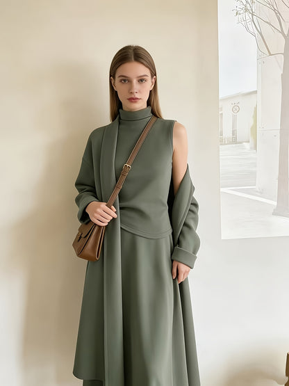 Morandi Green Three-Piece Set for Women: High-Collar, Sleeveless Top And Loose A-Line Midi Skirt And Long Cardigan. Casual Style Suitable for All Seasons