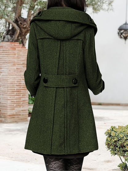 Women'S Hooded Double-Breasted Wool Blend Mid-Length Elegant Casual Coat