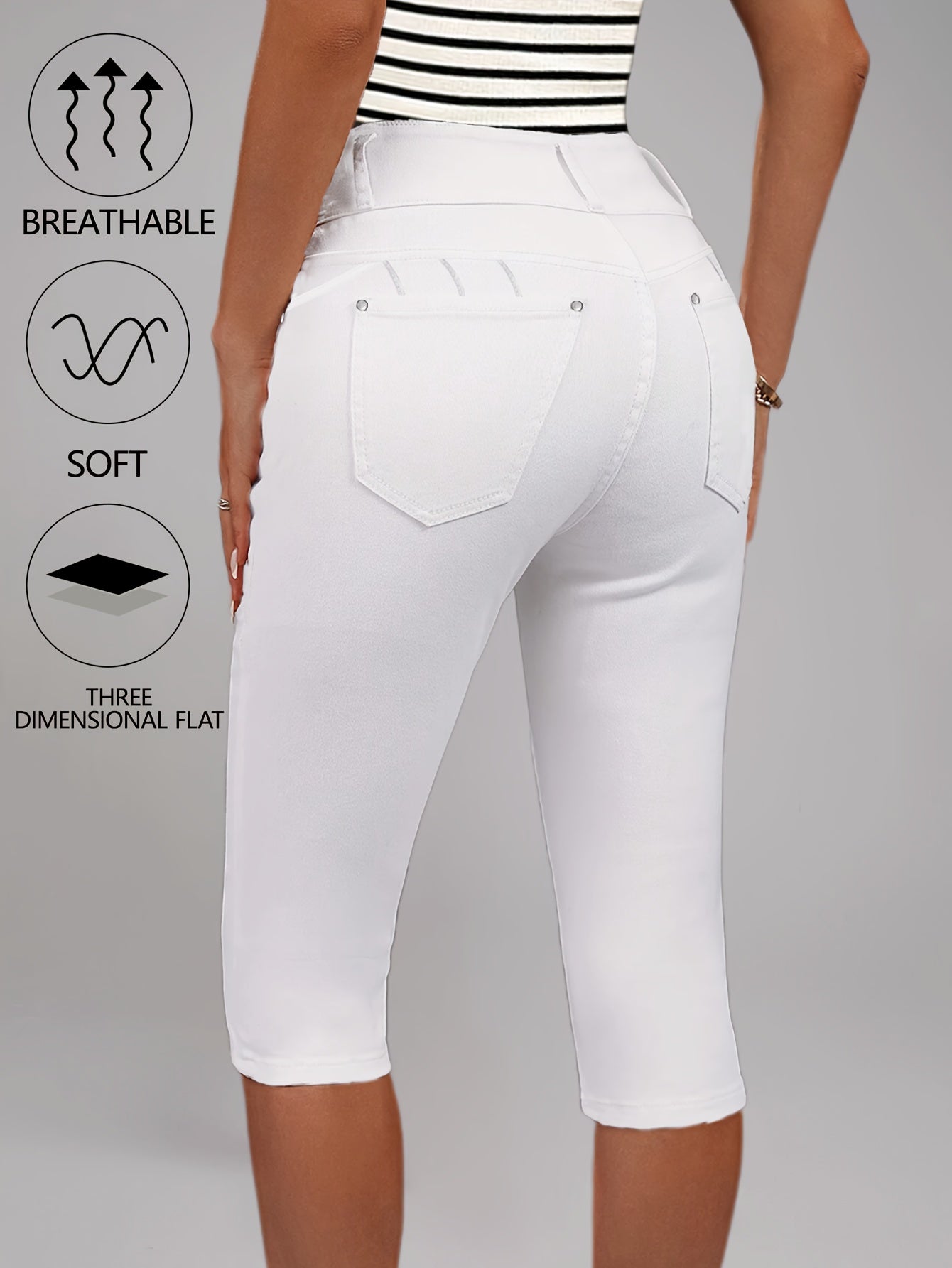 [High-Waisted Stretch Capri] Women's Deep Red High-Waisted Stretch Capri Pants Triple Row Button Fly with Metal Rivet Accents Booty Lifting Design 7/8 Length Cropped Jeans High Elasticity Soft Comfortable Machine Washable Versatile Wardrobe Essential for