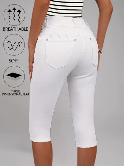 [High-Waisted Stretch Capri] Women's Deep Red High-Waisted Stretch Capri Pants Triple Row Button Fly with Metal Rivet Accents Booty Lifting Design 7/8 Length Cropped Jeans High Elasticity Soft Comfortable Machine Washable Versatile Wardrobe Essential for