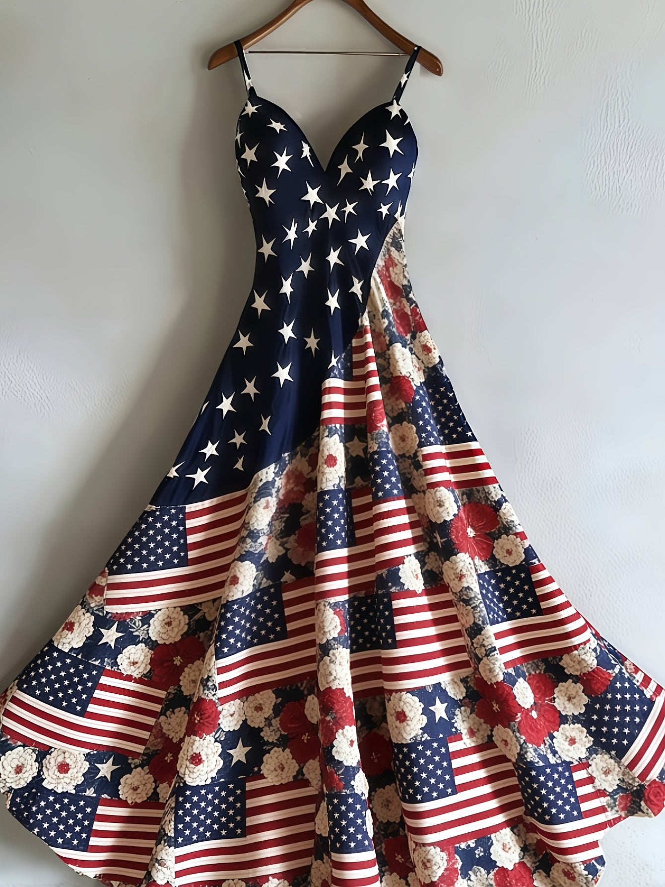 Women's Patriotic Maxi Dress - A-Line Silhouette, Suitable for Vacation, Leisure & Beach Outings, Loose Fit, National Flag Pattern, Sleeveless, V-Neck, Red National Flag Design with Built-In Cups