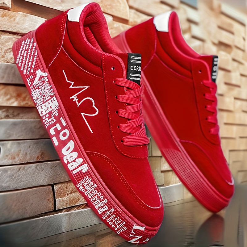 Men's Mid-Top Sneakers - Red Heart & Music Note Graphic Design, All-Season Outdoor//Casual Shoes, Breathable PU/Fabric Upper & Durable PVC Sole, Valentine's/Birthday Gift for Him, Trendy Streetwear Footwear (Black/Red)