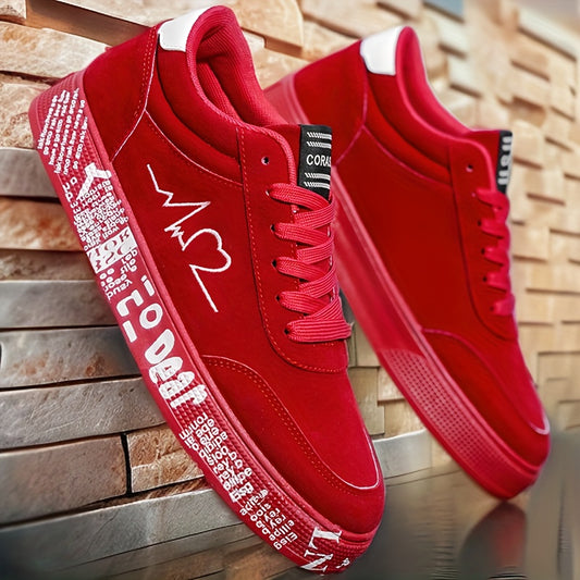 Men's Mid-Top Sneakers - Red Heart & Music Note Graphic Design, All-Season Outdoor//Casual Shoes, Breathable PU/Fabric Upper & Durable PVC Sole, Valentine's/Birthday Gift for Him, Trendy Streetwear Footwear (Black/Red)