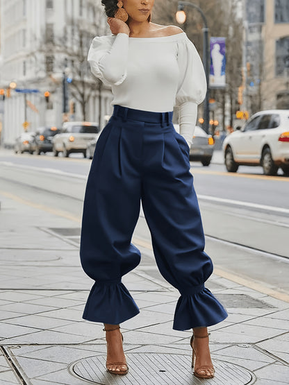 Women's High Waist Lantern Pants - Olive Green Wide Leg Trousers with Ruffled Hem And Elastic Waistband"
