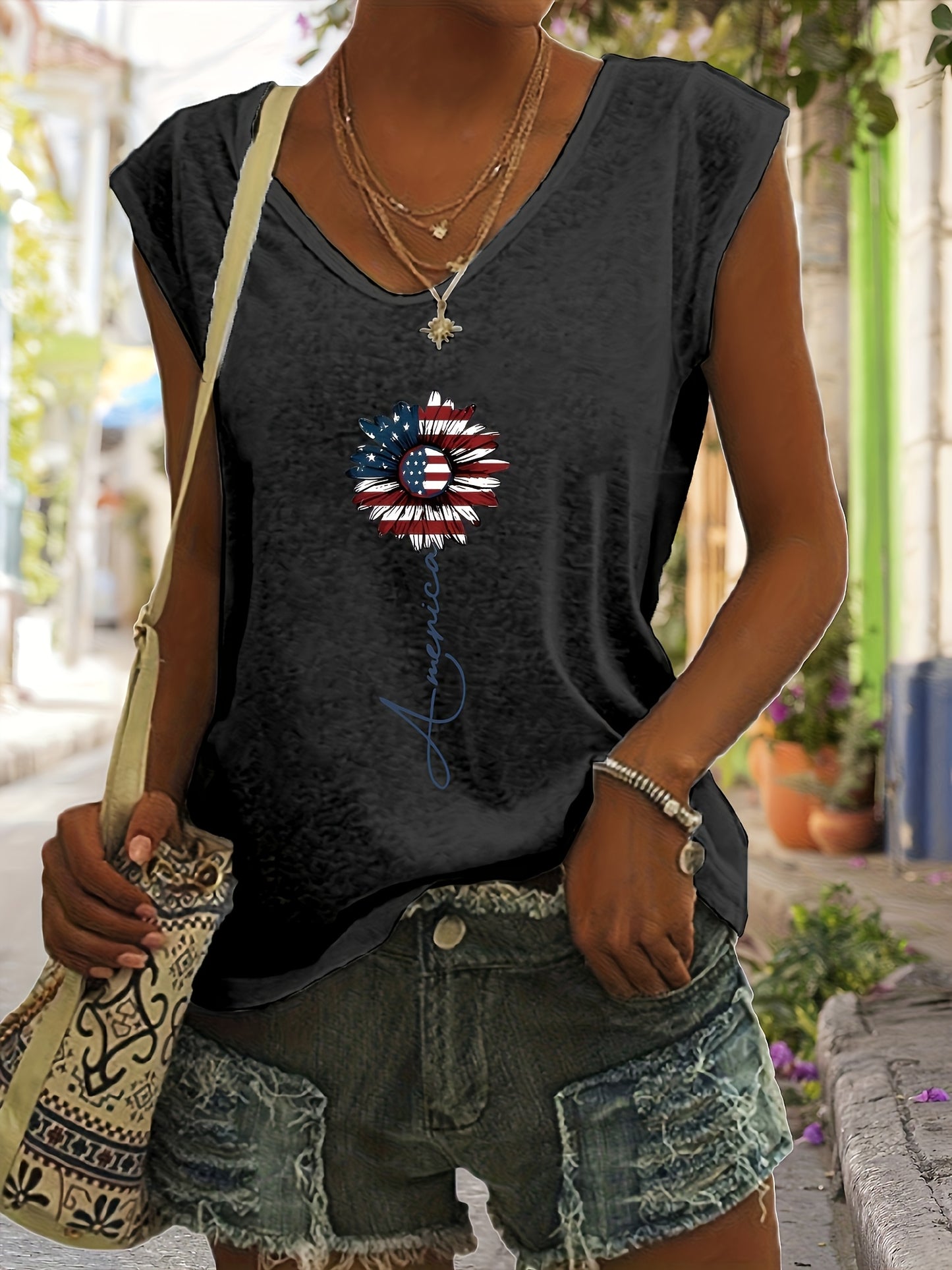 Women'S Casual V-neck Vest with , Letters and Pattern Printing, Regular Version, Spring and Summer Fabric, Women'S Printed Vest with Letters and Patterns
