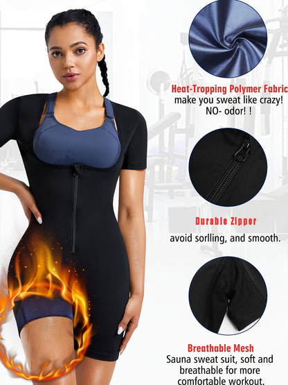 1pc JUNLAN Women' Sauna Suit Full Body Shaper Workout Vest & Shorts - 3-in-1 Waist Trainer, Sweat Vest with Sleeve Top & Shorts, Zipper Closure Tummy Gym Suit for Sauna Training, Fitness, Year-Round Wear (Hand Washable)