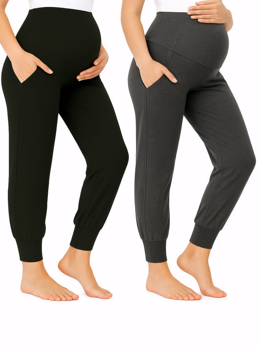 2pcs Women's Maternity High-Waisted Stretchy Pants - 95% Rayon 5% Spandex Tummy Control Elastic Waistband, 7/8 Length with Pockets for Running, Lounge & Postpartum - All-Season Comfort (Black & Grey), Maternity Pants, Pregnancy Clothing, Solid Color Pants