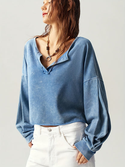 Casual Solid Color V-Neck Long Sleeve Loose Fit Women Sweatshirt Fall Tops Women Cropped Sweatshirt Long Sleeve Tops Comfy Tops Tops for Women