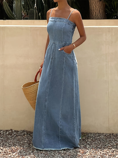 Vintage Washed Denim Maxi Dress for Women Sleeveless Long Jean Dress with Relaxed Non-Stretch Fabric, Casual Boutique Outfit for Spring Fall