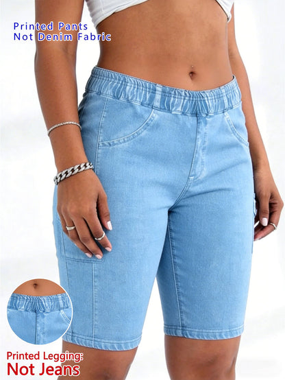 【imitation denim】Printed Pants- Non Denim Fabric 2026 Spring/Summer Hot Trend Non-Denim Base Tight Shorts with Full Elasticity, Retro Print, Suitable for Commuting and, Machine Washable