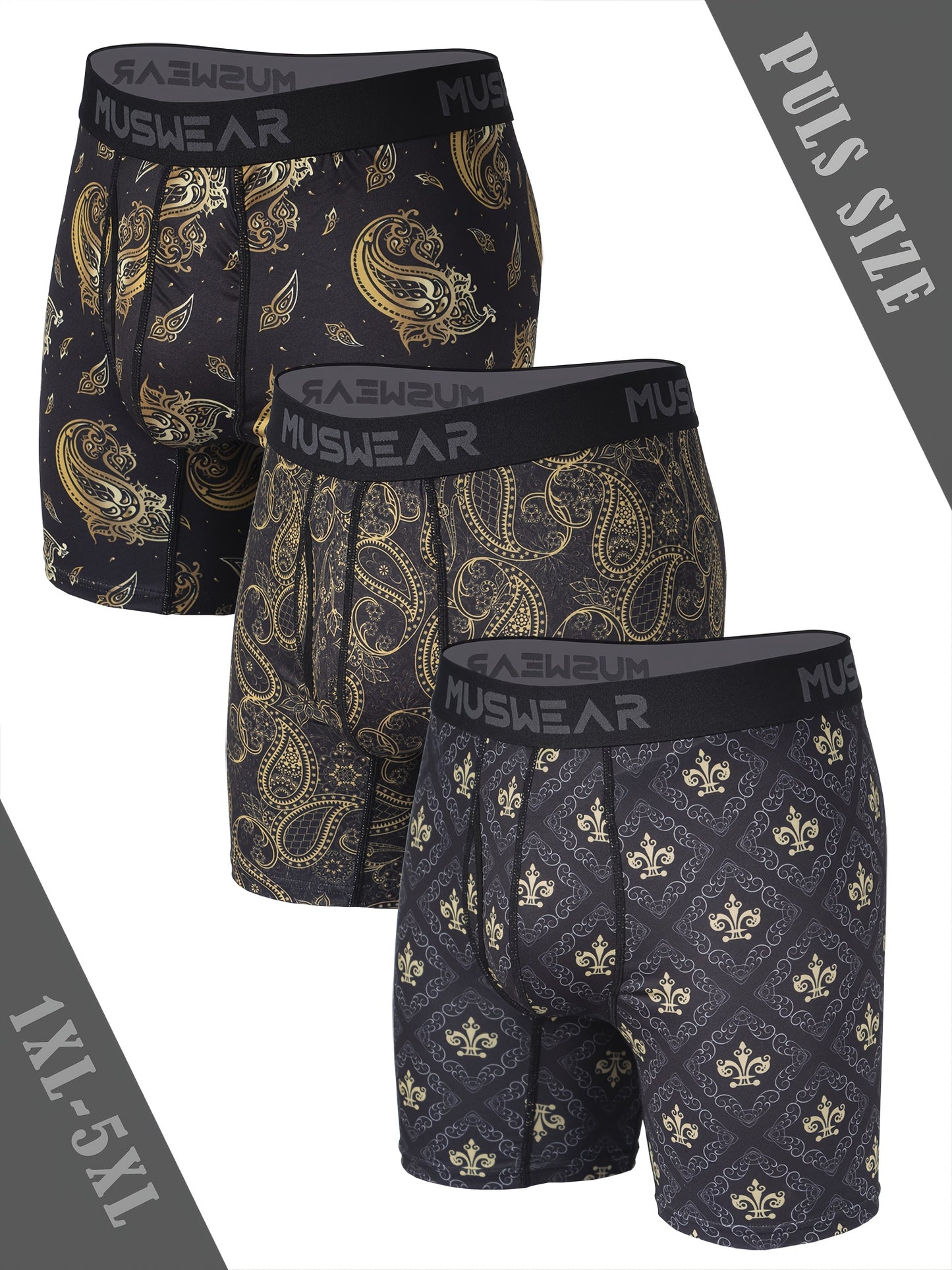Set of 3 MUSWEAR Men'S Plus Size Boxer Briefs - Designed to Wick Moisture, Dry Quickly, Featuring a Long Print for Sports, Equipped with a Side Zipper, in a Baroque Design, Available in Plus Sizes