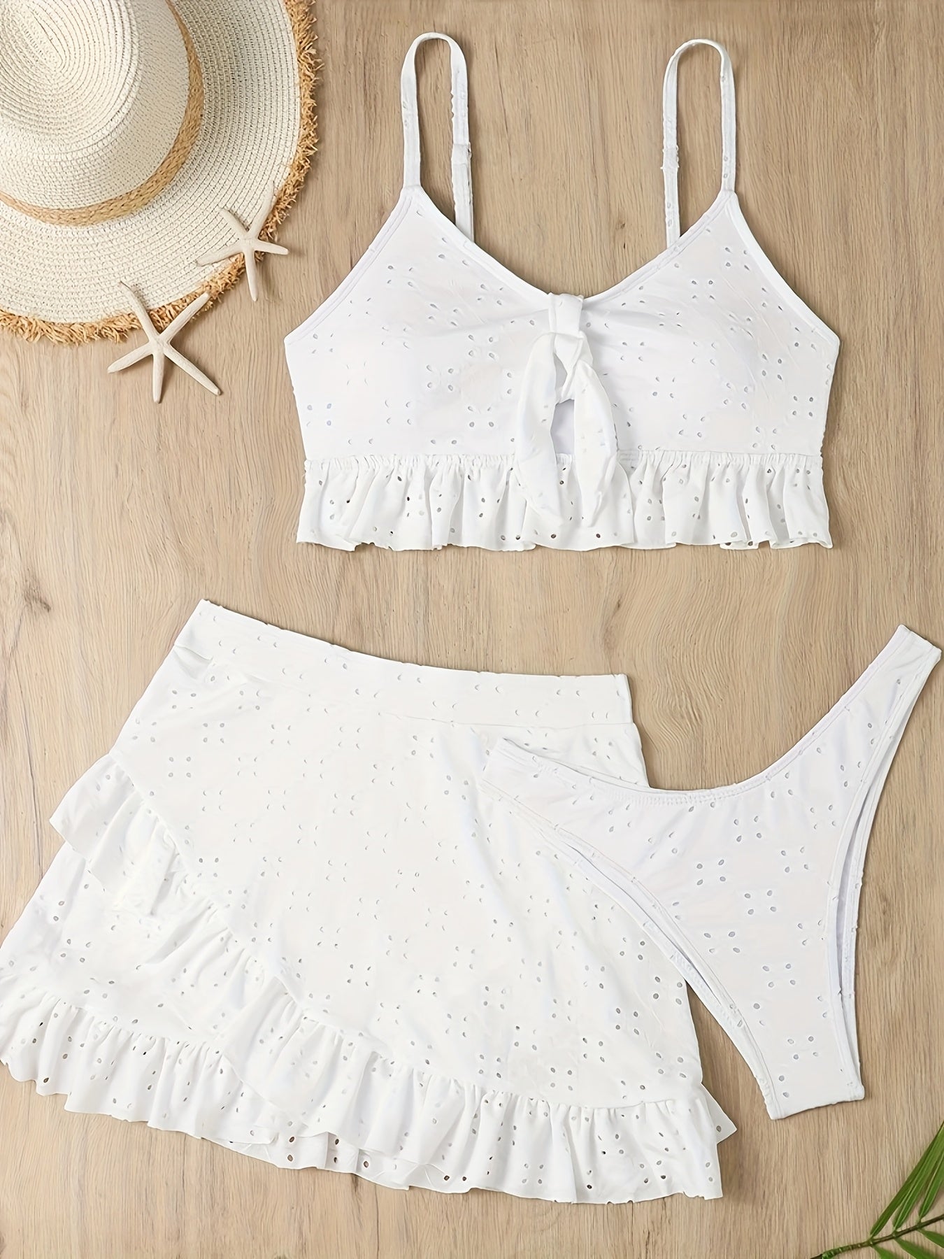 26SS Summer Trend Solid Color Elegant Style 3pcs Bikini Set with Bow Detail - Eyelet Fabric, Ruffle Mini Skirt, High Elasticity, Suitable for Summer Beach
