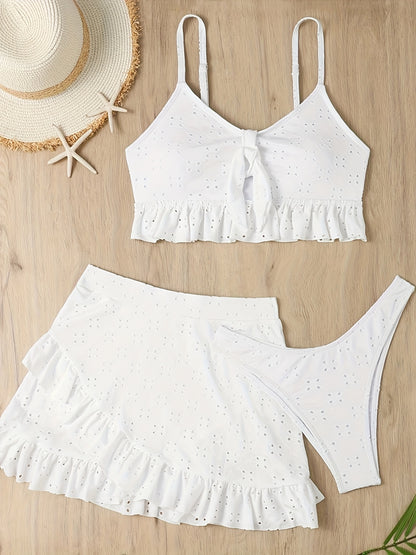26SS Summer Trend Solid Color Elegant Style 3pcs Bikini Set with Bow Detail - Eyelet Fabric, Ruffle Mini Skirt, High Elasticity, Suitable for Summer Beach