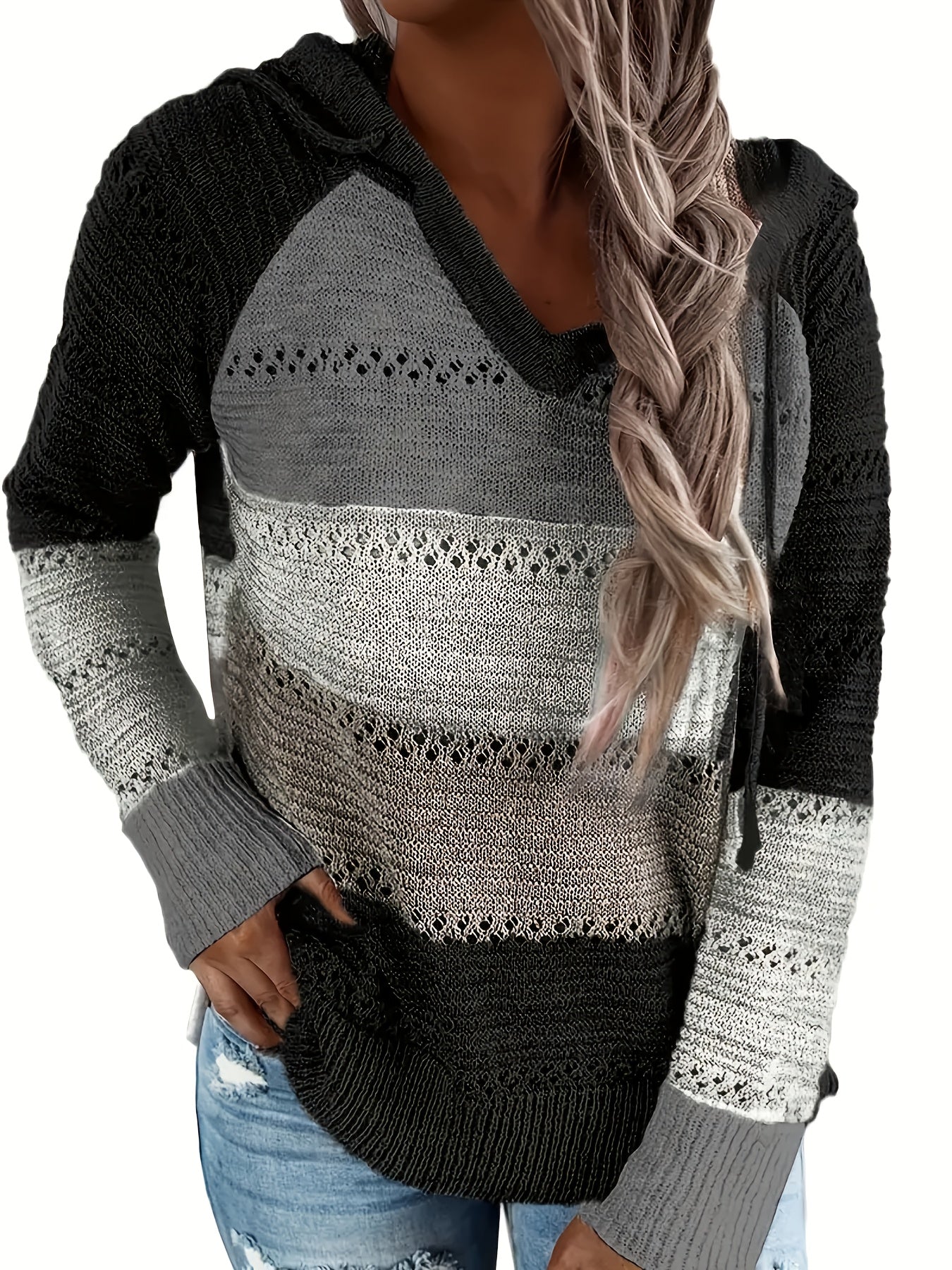 ADilaca Women'S Casual Hoodie Sweatshirt Long Sleeve Color Block Striped Pullover/Cardigan Top Outdoor Daily Wear