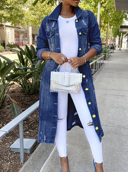 Long Denim Jacket With Worn Holes, Long Denim Trench Coat For Women