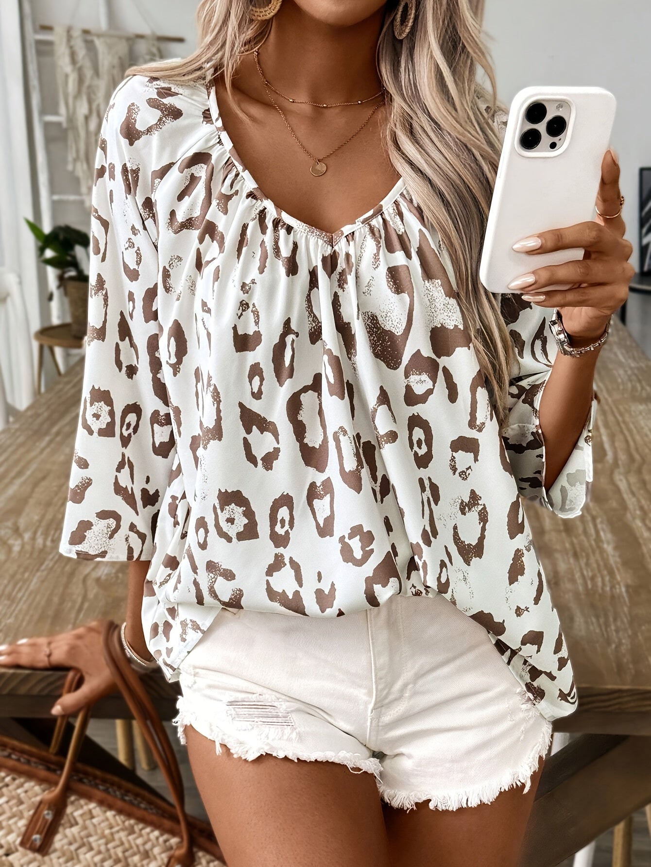 Plus Size - Plus Size - Khaki Leopard Print Shirt Featuring Deep V-Neck And Pleated Sleeves