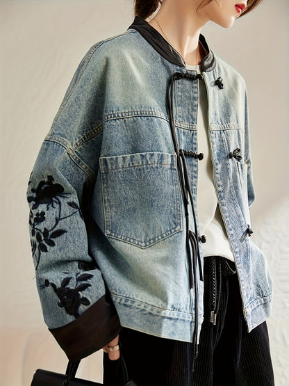 Chinese Style Jacket Women's Non-Stretch Denim Jacket - Vintage Chinese Knot Accent, Lightweight Spring/Fall Coat Non-Transparent Casual Outerwear, Transitional Weather Wear, Intricate Embroidery, Chinese New Year Clothes