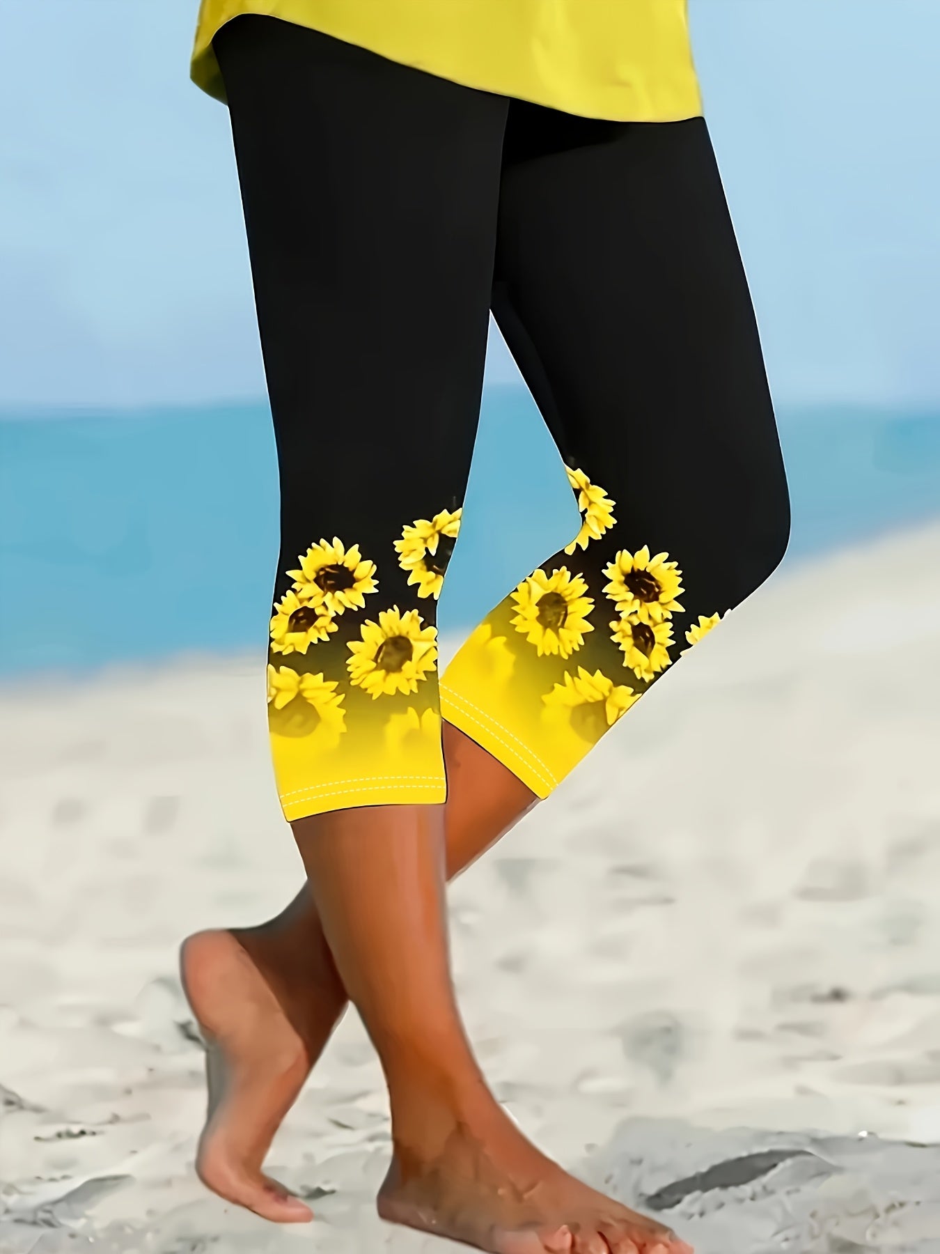 Plus Size - Plus Size - Plus Size Capri Leggings for Women Featuring a Sunflower Print - Stretchy, Slim Fit, Mid-Calf Length with an Elastic Waistband And Ankle Straps, Machine Washable