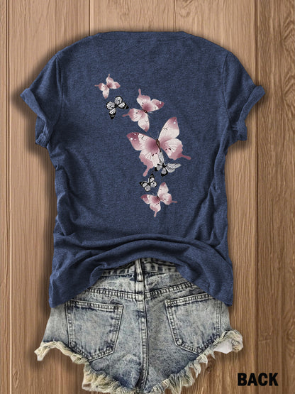 Butterfly Garden Double-Sided Print T-Shirt - Elegant And Whimsical Design, Suitable for Spring Wear, a Perfect Choice for Nature Lovers And Fashion Enthusiasts, Trendy Casual T-Shirt with Double-Sided Print Design