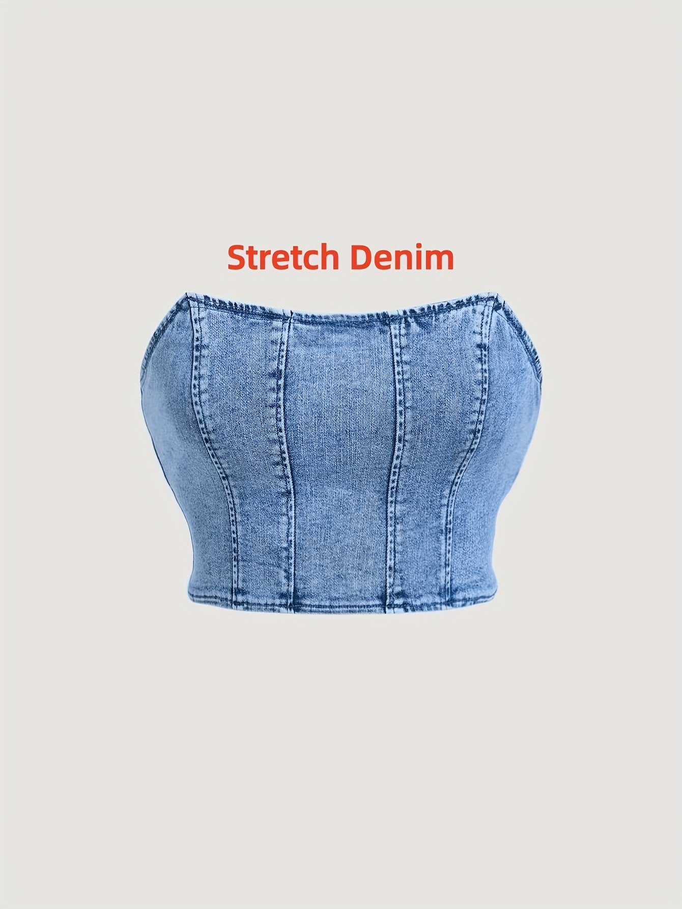 Women's High-Stretch Denim Bandeau Top with Back Zipper - Slim Fit Off-Shoulder Light Blue Washed Jean Tube Blouse, Machine Washable Spring Summer Fall Casual & Dressy Outfits