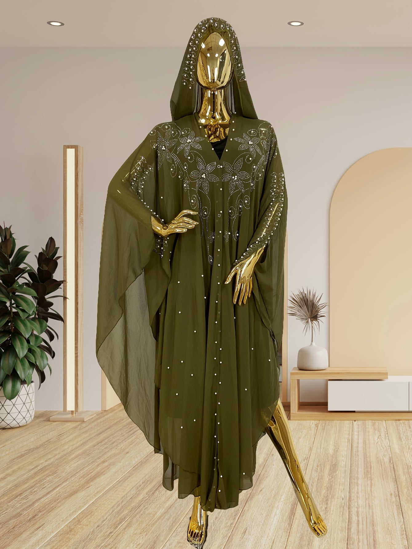 Chic Rhinestone Wrap for Women Featuring Trumpet Sleeves - A Loose-Fitting Long Cape Inspired by Middle Eastern Styles, Adorned with Semi-Sheer Pearls And Crystals, with a Split Hem Perfect for Summer Weddings And Formal Occasions