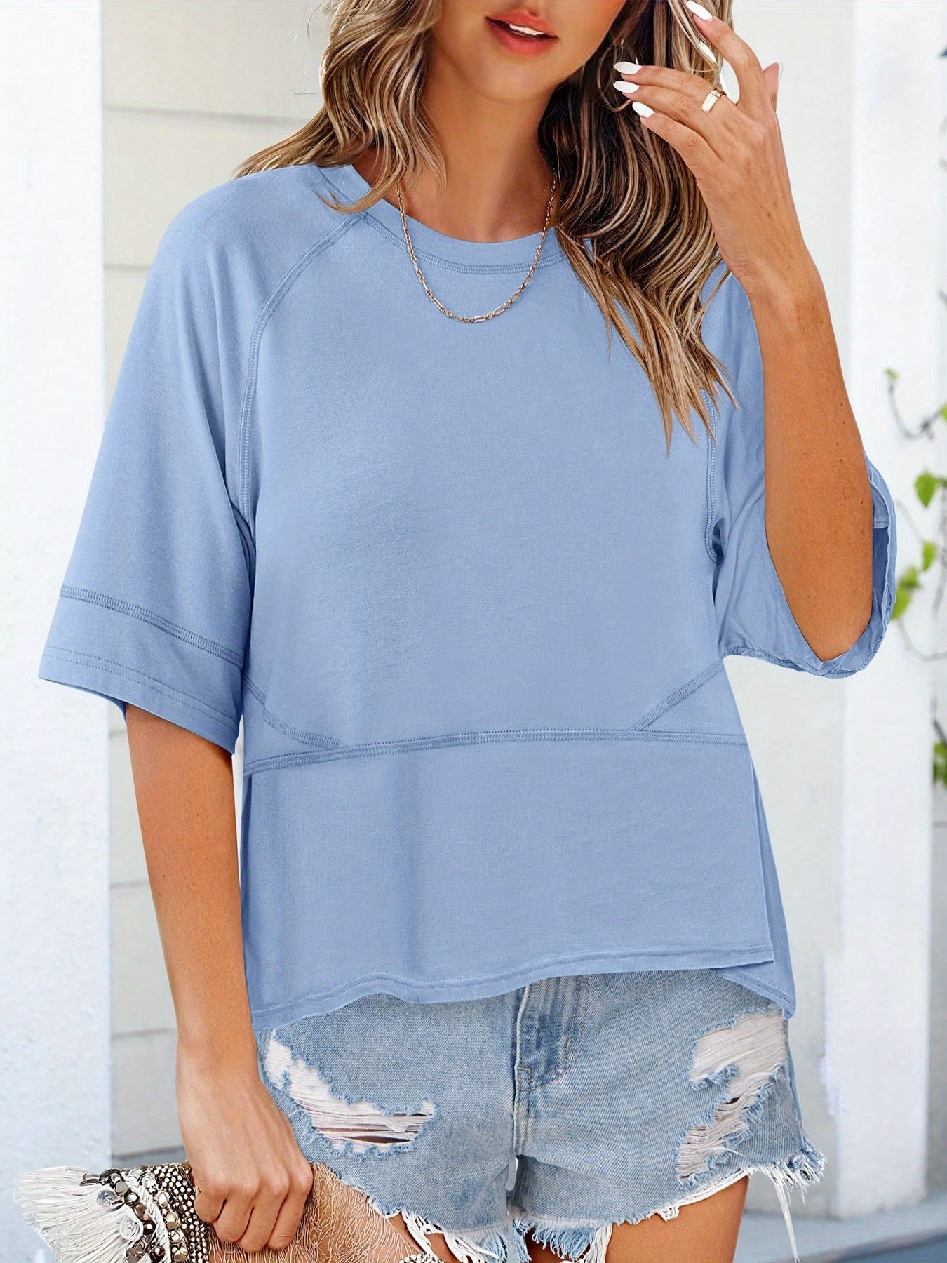 Solid Crew Neck Loose Basic T-shirt, Casual Half Sleeve Spring And Summer T-Shirt, Women's Clothing
