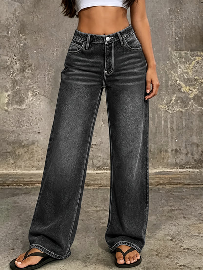 New Four Seasons Jeans|Classic Blue Washed Denim. Vintage Wide-leg Jeans Women's High-street Topstitch Back Pocket Casual Trousers Women's Clothing