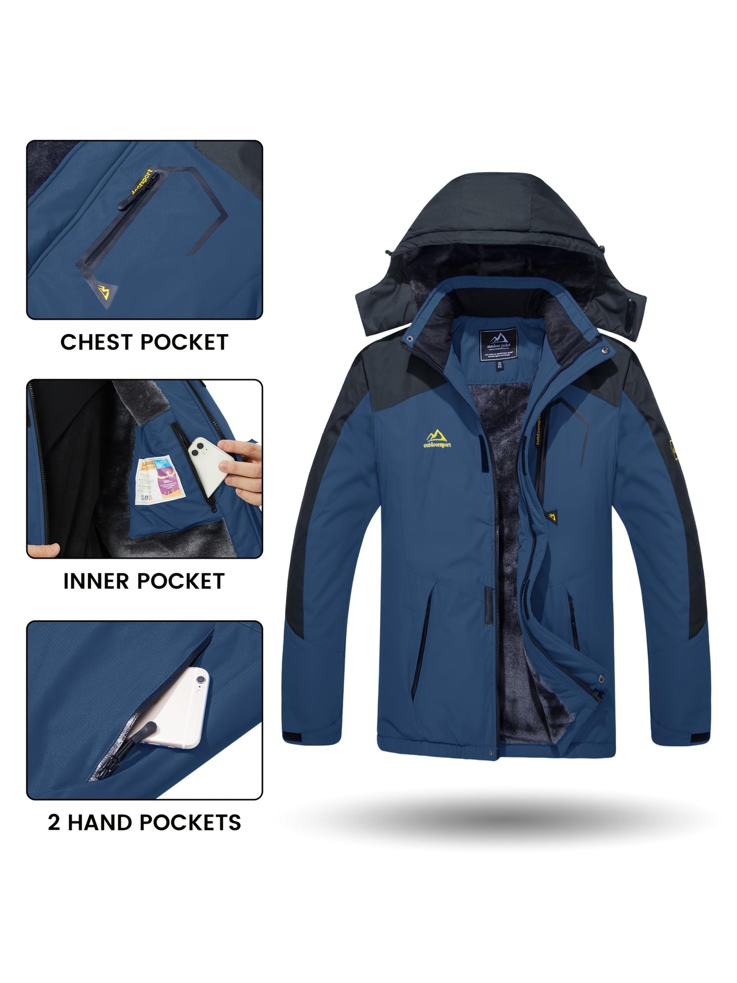 Men'S Winter Ski Jackets Warm Fleece Lined Coats Waterproof Windproof Hooded Thermal Outdoor Parka Thick Sport Hiking Jogging Camping Fishing Climbing Traveling Skiing Snowboarding Casual Windbreaker