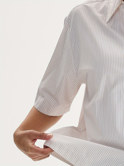 Unisex Casual Striped Shirt - Oversized, Loose Fit, Short Sleeve with Chest Patch Pocket | Lightweight Polyester Fabric | Perfect for Everyday, Beach, Party & Streetwear | Casual Attire | Chic Casual Style | Nontransparent Fabric