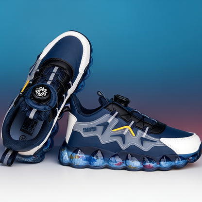 Low-Top Rotating Buckle Basketball Shoes for Teens - Lightweight Cushioned TPU Sole, Durable Geometric Pattern, Breathable PU Upper with Striped Design - Blue Unisex Sneakers for All, All-Season Casual, School & Sports, Comfy Shoes, Athletic Footwear, Mod