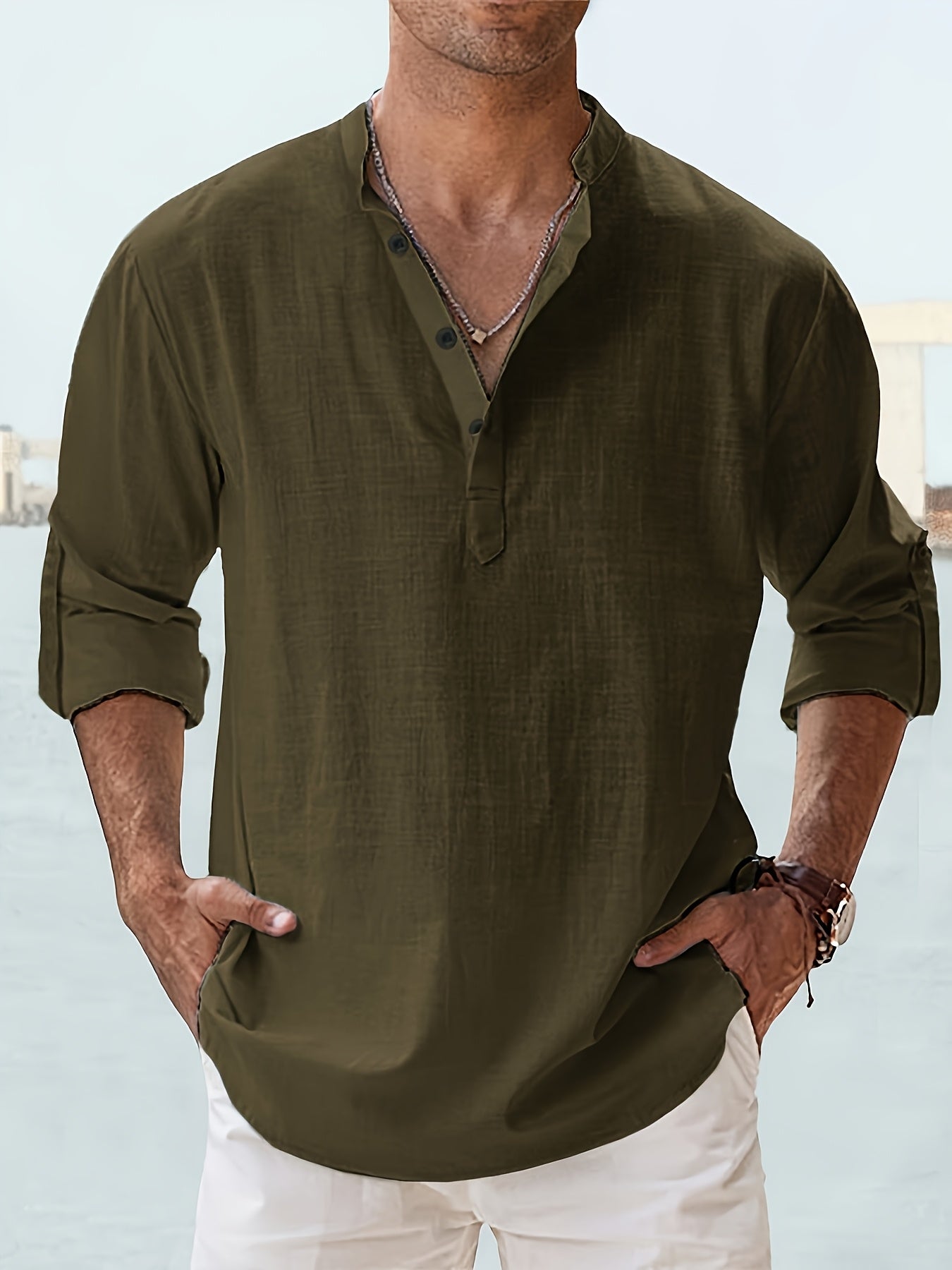Large Size Men's Stand Collar Long Sleeve T-Shirt - Loose Fit, Solid Light Blue, Breathable Cotton Blend, Machine Washable, Summer Casual & Semi-Formal Shirt, PLUS SIZE