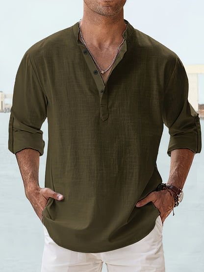 Large Size Men's Stand Collar Long Sleeve T-Shirt - Loose Fit, Solid Light Blue, Breathable Cotton Blend, Machine Washable, Summer Casual & Semi-Formal Shirt, PLUS SIZE