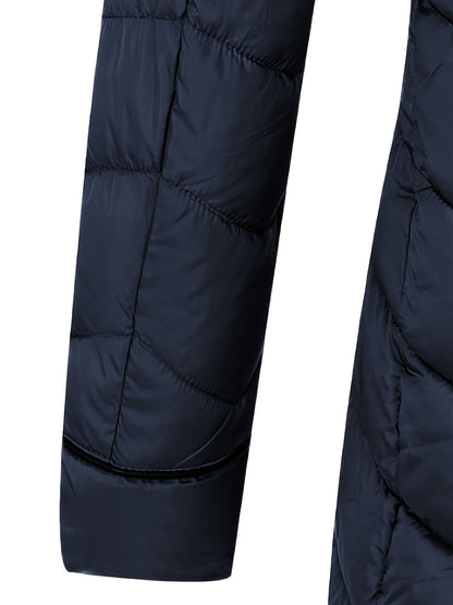 Zip-up Faux Trim Hoodie Puffy Coat, Casual Thermal Long Sleeve Coat for Fall & Winter, Women's Clothing