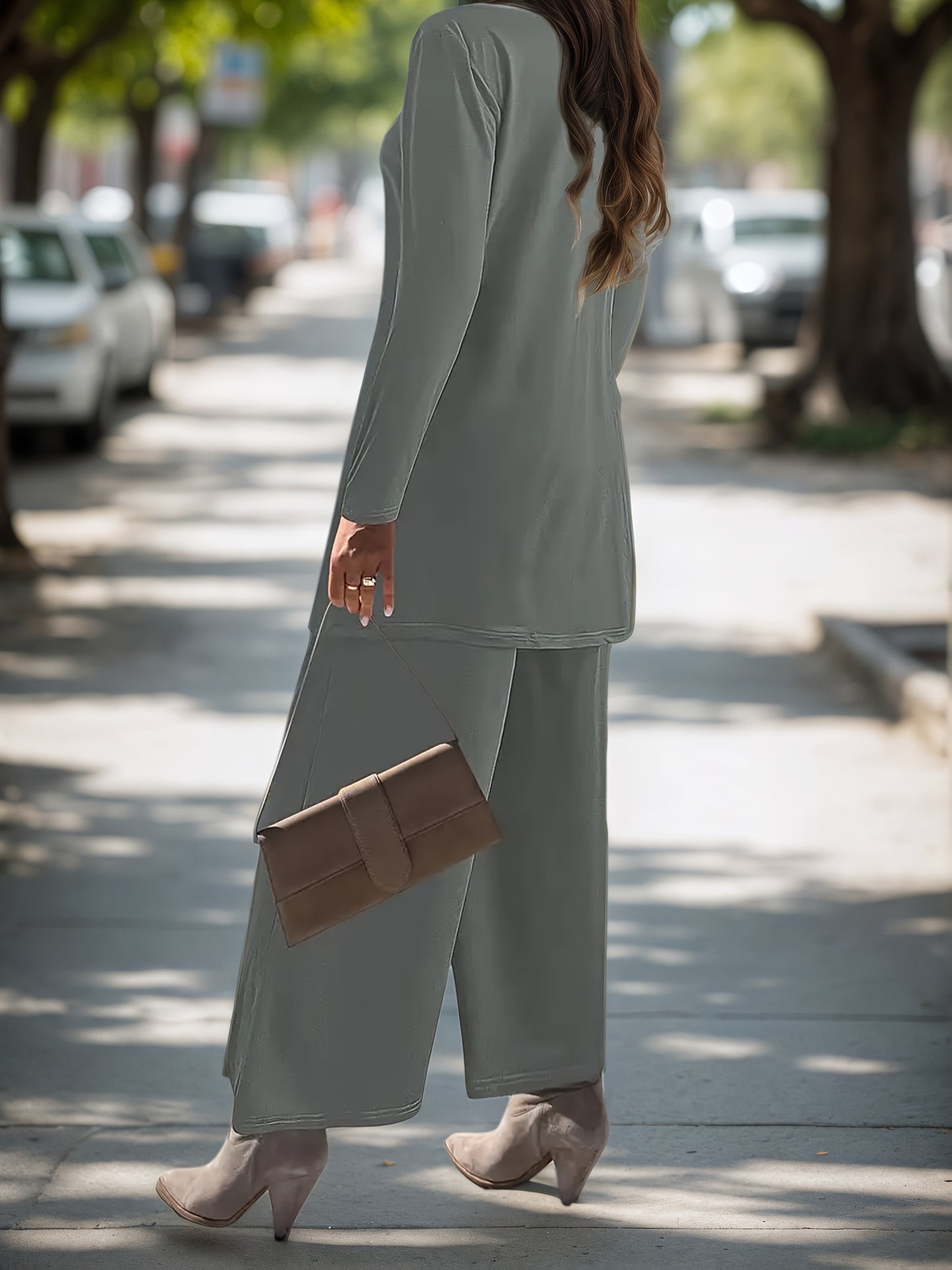 2025 New Stylish Women'S Solid Color Two-Piece Outfit - Crew Neck Blouse & Loose-Fitting Trousers, Stretchable Mix, Washable in Machine - Ideal for Spring And Autumn