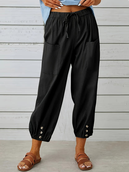 [3pcs Loose-Fitting Pants] Plus Size - 3pcs Loose-Fitting High-Waisted Buttons, Large-Size And Linen Pants, Nine-Point Pants, Wide-Leg Men's And Women's Same Belt Pockets, Convenient For Going Out. Casual Trousers, Elastic Waist