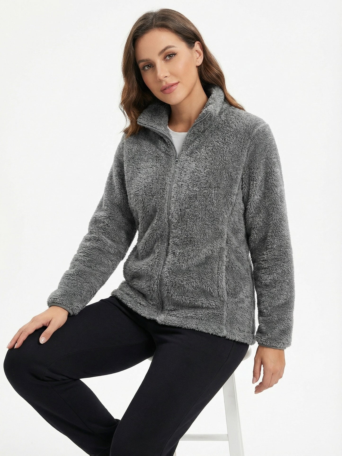 Cationic Fabric Glossy Coat Women's Autumn/winter Cardigan High-end Niche Zip-up Outerwear