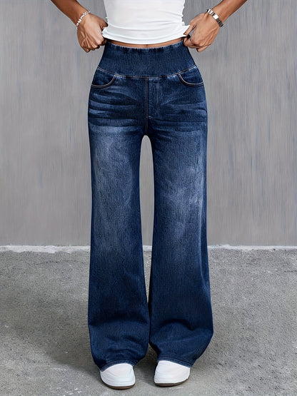 Women's Washed High-Waisted Wide-Leg Jeans Stretch Waistband with Drapey Straight Legs Relaxed Fit Trendy Denim Pants