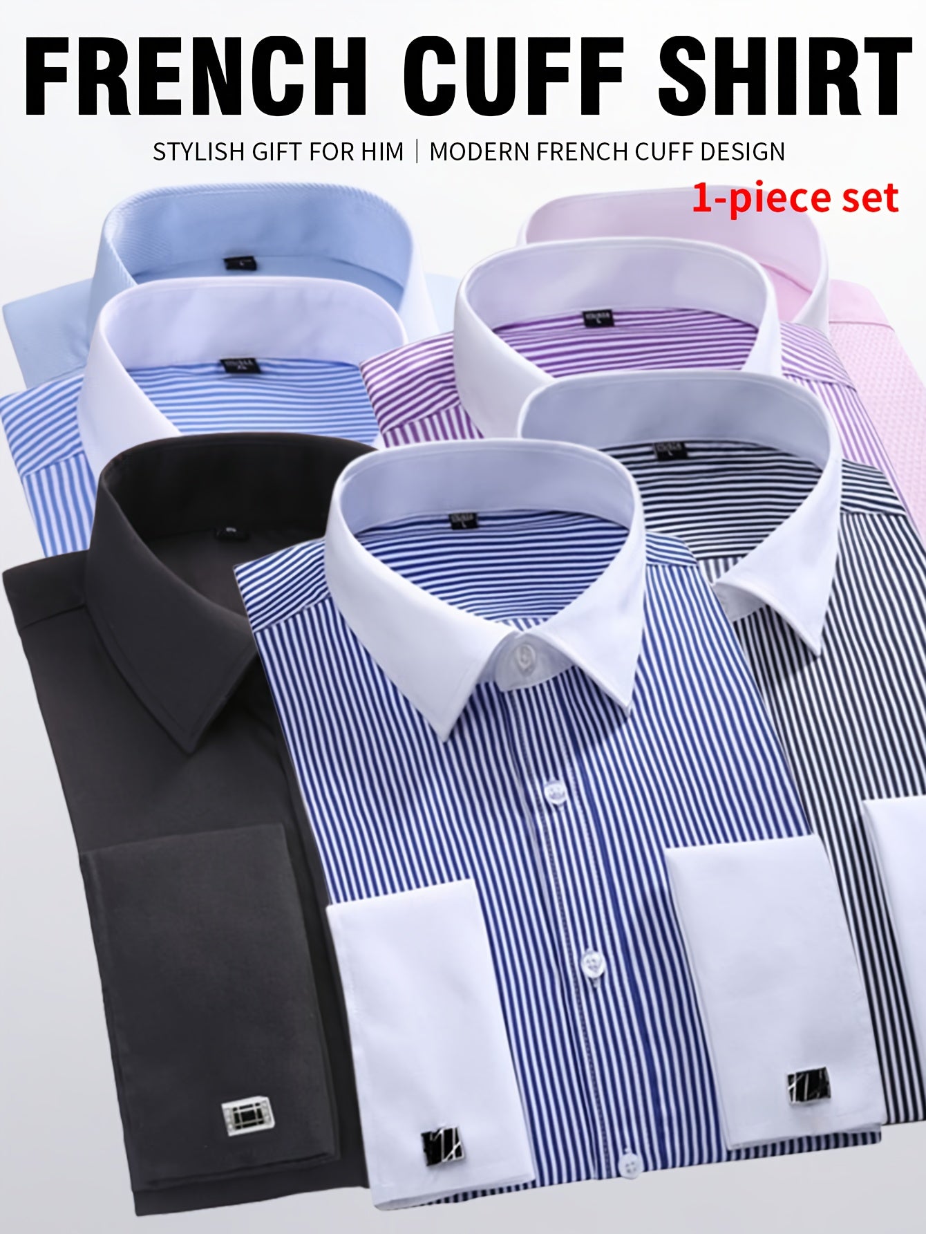 2026 French Cuff Dress Shirt 1pc For Men With FREE Random Cufflinks Set - Luxury Formal Wedding Shirt, Business Office Elegant Attire