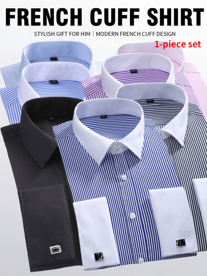 2026 French Cuff Dress Shirt 1pc For Men With FREE Random Cufflinks Set - Luxury Formal Wedding Shirt, Business Office Elegant Attire