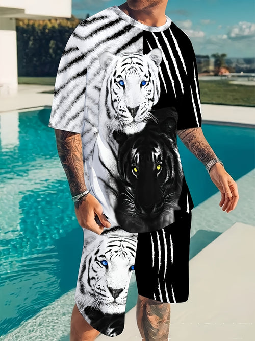 Summer Street Men'S Suit Daily suits Casual Fashion Loose Comfortable Short Sleeves Outdoor Trend Sports Shorts Novelty Striped Print 2pcs set