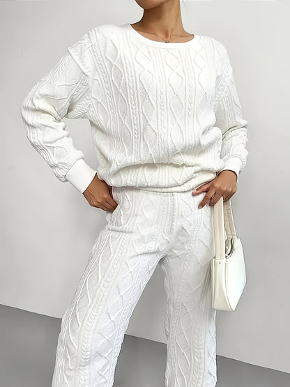 Women'S Sweatshirt Ensemble for Autumn/Winter 2025 - Featuring a Solid Color, Cable Patchwork, Long Sleeve Crew Neck Top And Cuffed Pants in a Two-Piece Outfit, Including a Pullover And Sweater, Perfect for Christmas And Fall