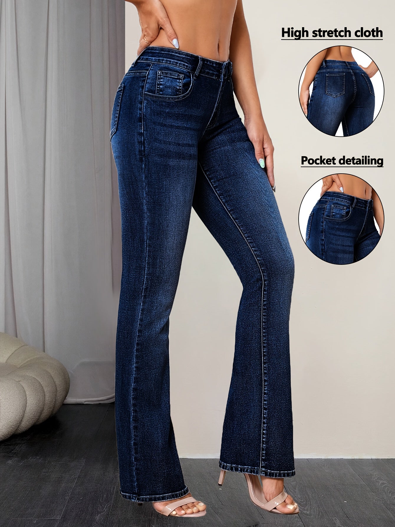 Women's High-Waisted Stretchy Flared Bell Bottom Jeans - Elegant Wash Blue Distressed Look, All-Season Skinny Fit Tapered Leg & Button Closure, Non-See-Through Heavyweight Denim Pants for Casual & Formal Outfits - Versatile Everyday to Formal Wear, Durabl