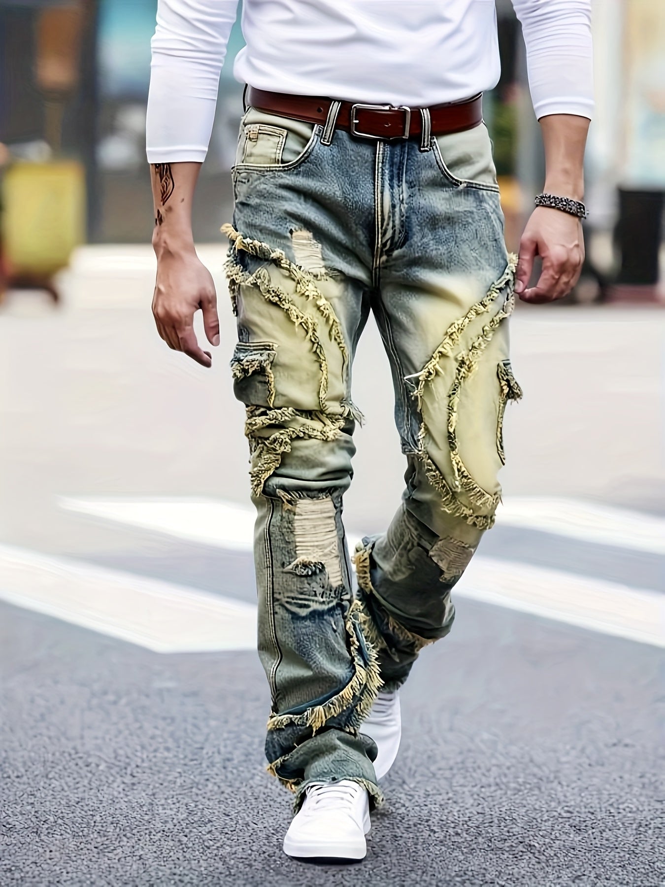[HME] Men's Slim-fitting Straight-leg Jeans with A Patchwork Embroidery And Random Stitching Design, Fashionable And Versatile, Street Retro Style, Elastic Denim with Cotton Fabric, Heavy Washed And Nostalgic Snowflake Denim, Classic And Retro