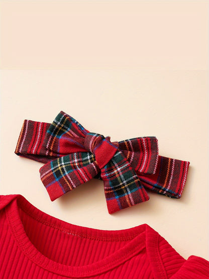 Baby Autumn And Winter Clothing Set Baby Girls 0-18 Months Romper And Plaid Strap Skirt And Headband, for Outdoor