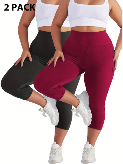 Plus Size - 2pcs Set - Plus Size High-Waisted Pocket Capri Pants - Soft Suitable for And Workouts - Elegant Style - New Spring And Summer Collection - Targeted Design