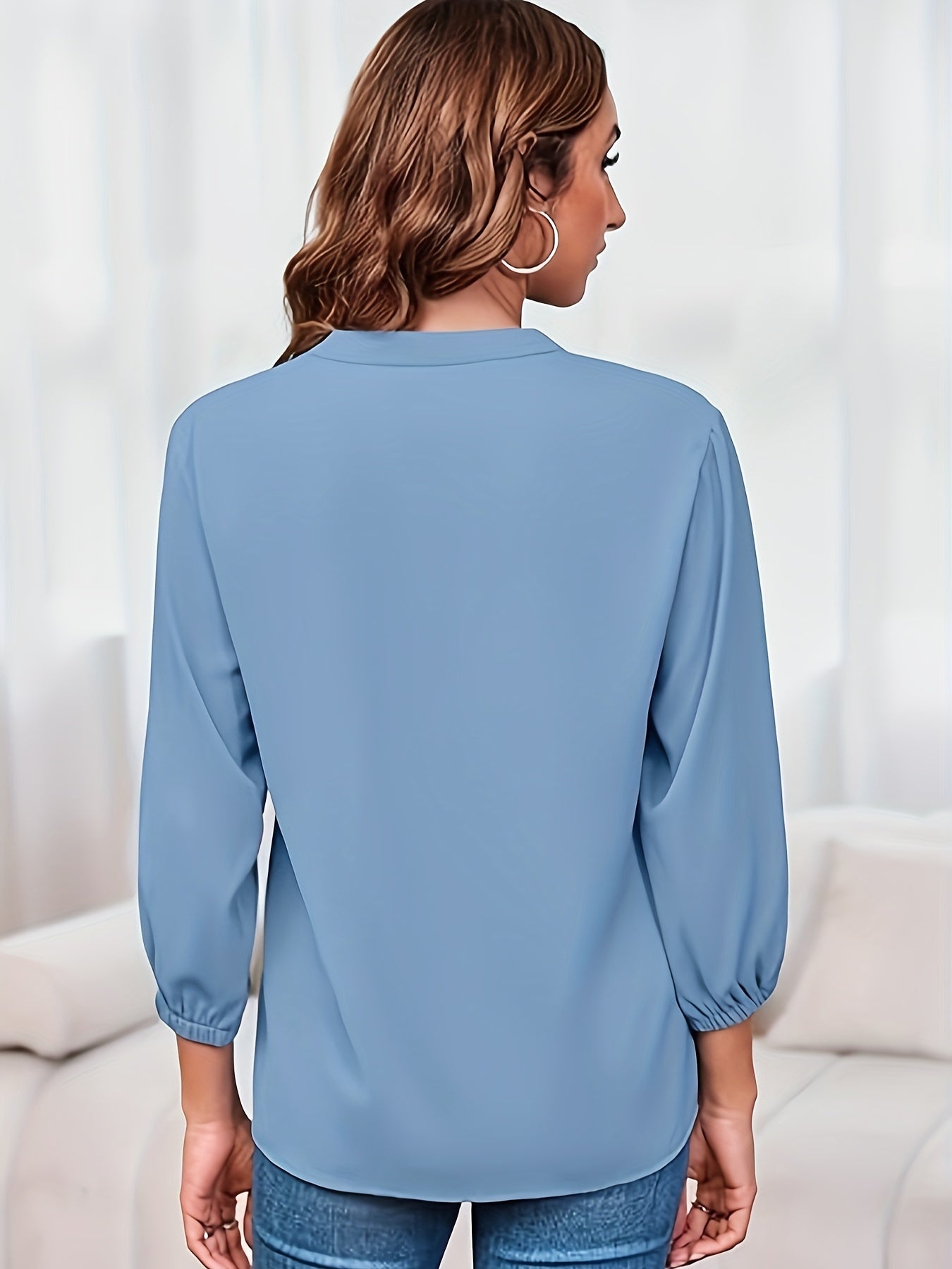 Solid Color Zipper Up Blouse, Casual V Neck Long Sleeve Blouse For Spring & Fall, Women'S Clothing